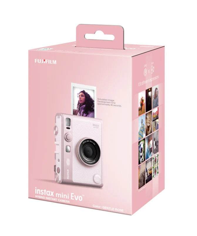 علبة كاميرا FUJIFILM instant mini Evo فورية بلون وردي أنيق مع تصميم جذاب وميزات طباعة سريعة عالية الجودة