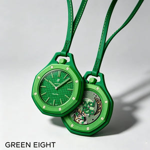 Pair of vibrant green Green Eight bioceramic pocket watches highlighting the lightweight material texture.