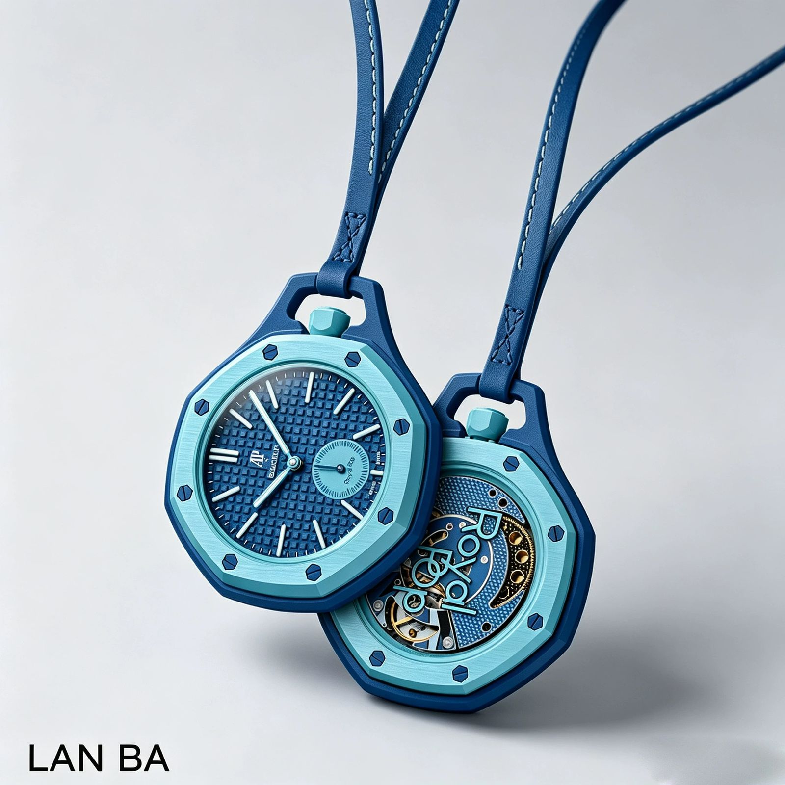 Two light blue Lan Ba bioceramic pocket watches shown with their genuine leather neck straps against a gray studio background.