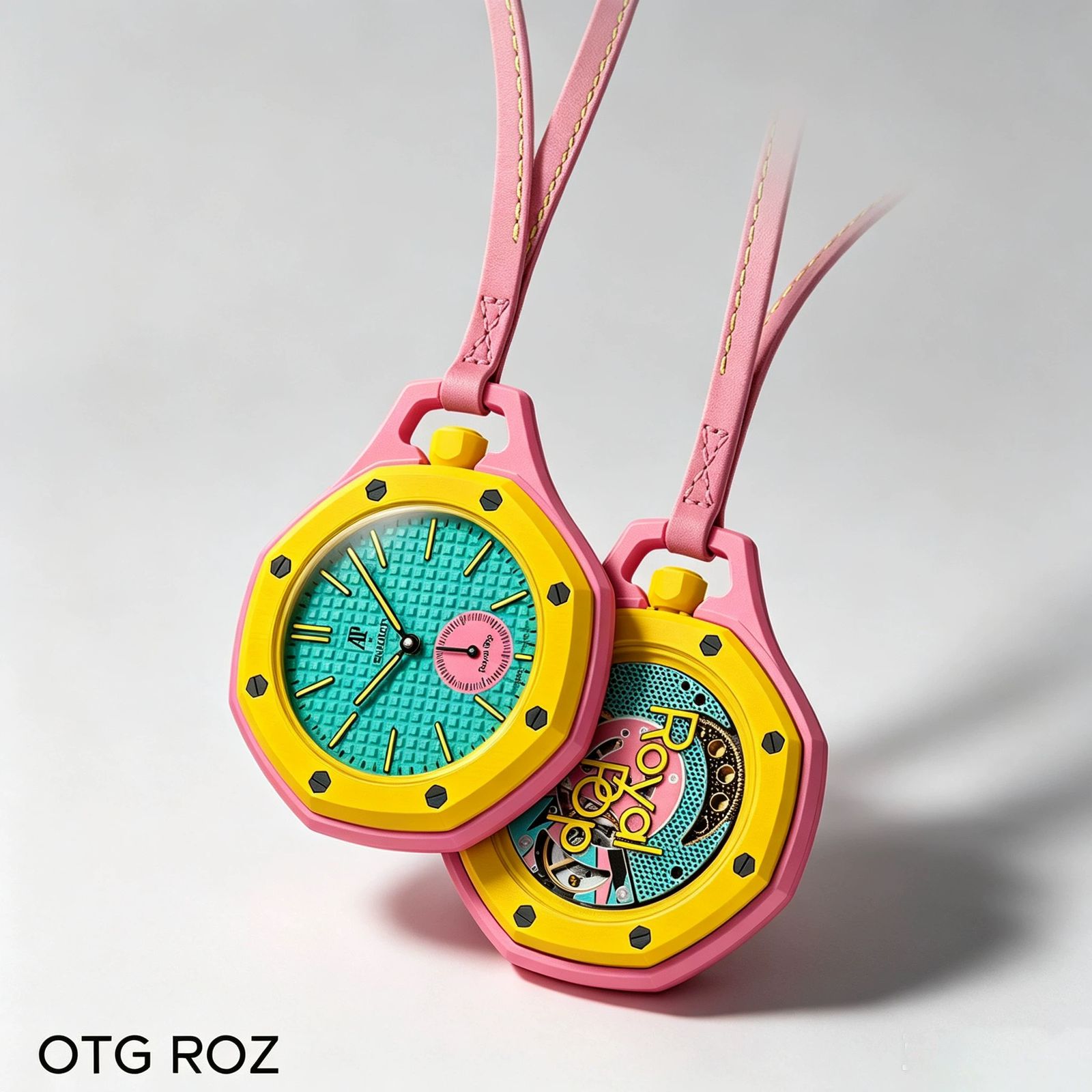 Two yellow and hot pink Otg Roz bioceramic mechanical watches with matching leather cords on a gray background.