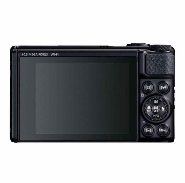 Back view of Canon PowerShot SX740 HS digital camera showing 20.3 megapixels, Wi-Fi, and control buttons.