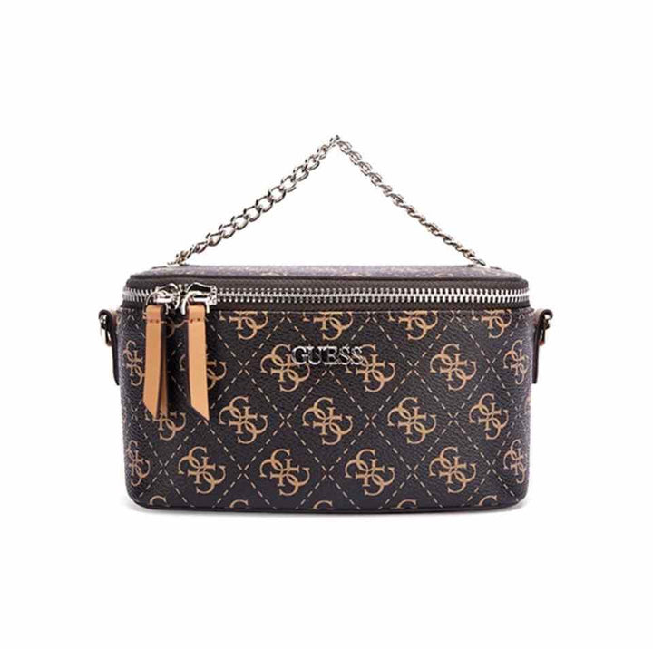 حقيبة مكياج يد GUESS بنقشة لوغو كلاسيكية بني وسحاب مزدوج، بحزام وسلسلة يد قابلة للفصل.