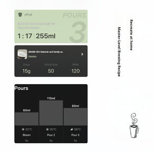A white technical infographic showing the detailed 3-pour brewing recipe, temperature stages, and water ratio for XBloom xpods coffee capsules.