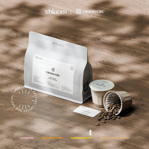 A promotional image of an XBloom coffee bag and XBloom xpods coffee capsules on a wooden background with shadows, featuring color-coded flavor notes at the bottom.