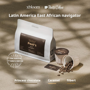 A promotional image displaying an XBloom Peet's Coffee bag and XBloom xpods coffee capsules, with text for 'Latin America East African navigator' at the top and color-coded flavor notes for Toffee chocolate, Caramel, and Filbert at the bottom.