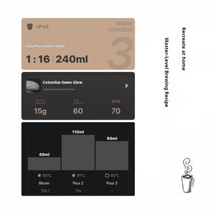 A technical infographic displaying the 3-pour brewing recipe, 1:16 ratio, 240ml water volume, and specific temperature profiles for XBloom xpods coffee capsules.
