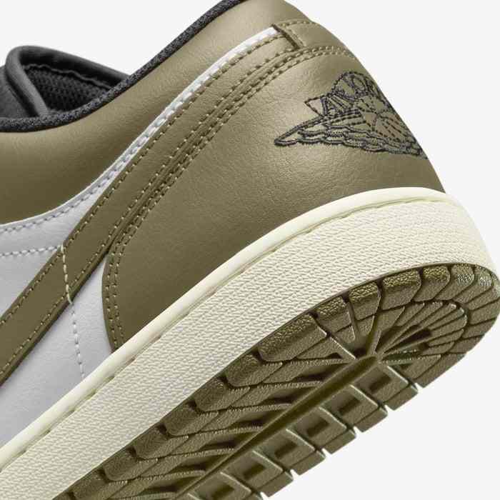 Air Jordan 1 Low 'Medium Olive' sneaker, black/white/medium olive colorway, men's footwear.