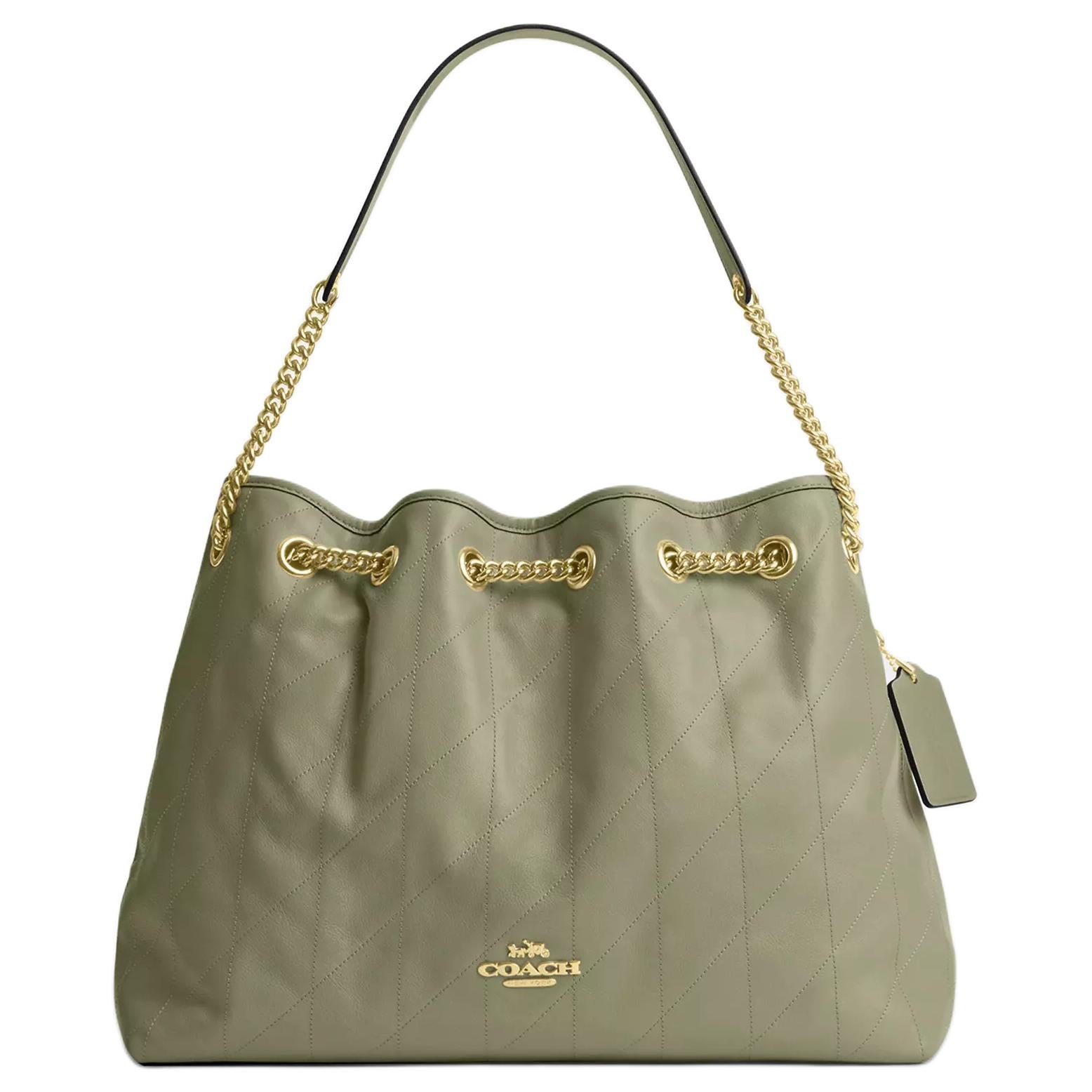 COACH EVELYN 34 quilted detail gold hardware cowhide leather handbag shoulder bag large size women's gray-green