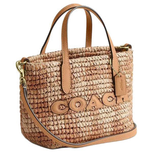 COACH 15 Brand Logo Straw Tote Handbag Mini Women's Yellowish Brown