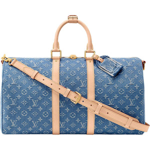 حقيبة سفر Louis Vuitton Keepall قماش Denim باللون الأزرق.
