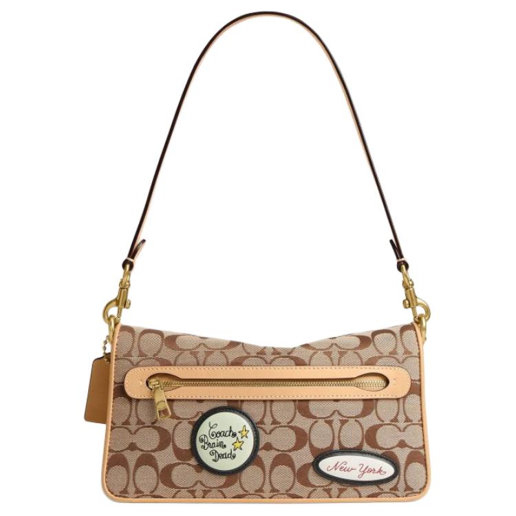 COACH x BRAIN DEAD Collaboration Soft Tabby 26 Classic Logo Hardware Fabric Combination Cowhide Single Shoulder Bag Medium Size Women's Khaki Color