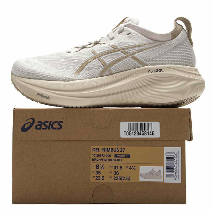 ASICS Gel-Nimbus 27 beige sneaker with PureGEL cushioning on shoebox.