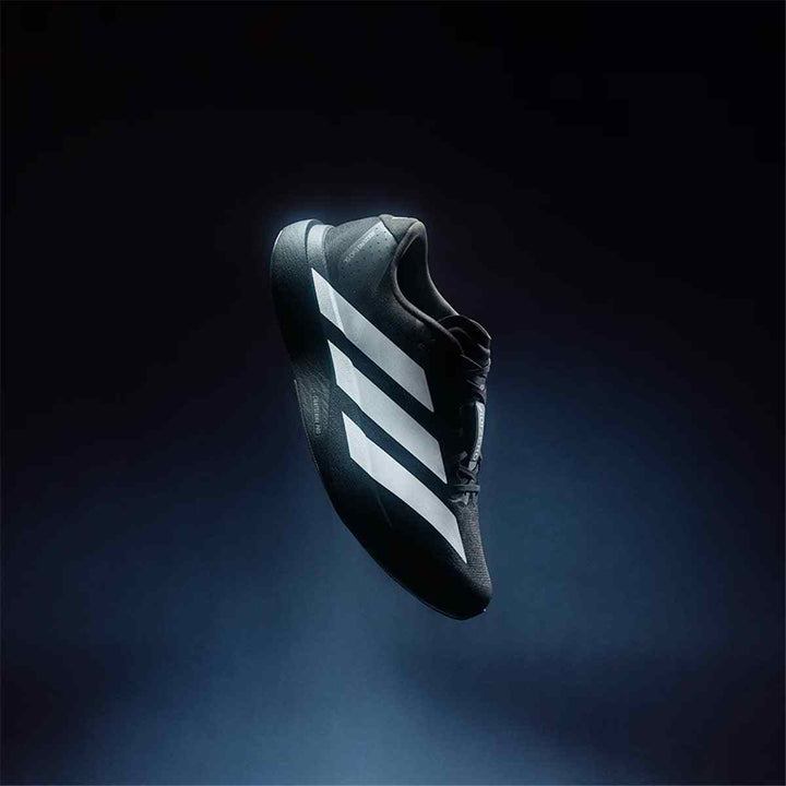 adidas Adizero running shoe in black and white, lightweight design with Continental™ outsole for enhanced performance and traction.