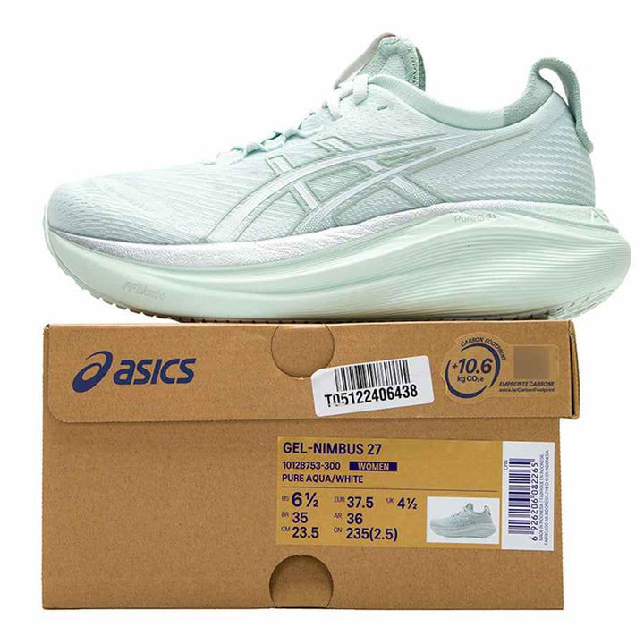 ASICS Gel-Nimbus 27 in light green, stylish running shoe with PureGEL cushioning.