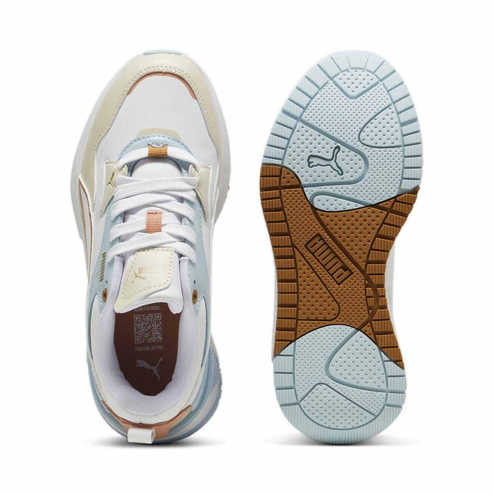Puma multicolor sneakers for women with apricot and sky blue details, featuring a unique design with white, sky blue, apricot, and ivory colors.