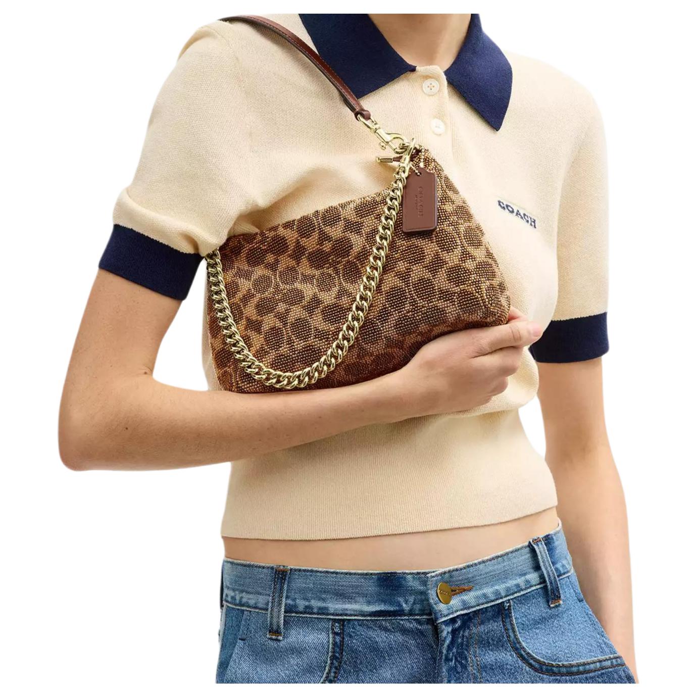 COACH Teri 25 Zipper Closure Beaded Satin Leather Single Shoulder Bag Medium Size Women's Brown