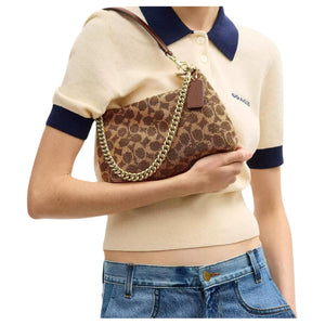COACH Teri 25 Zipper Closure Beaded Satin Leather Single Shoulder Bag Medium Size Women's Brown