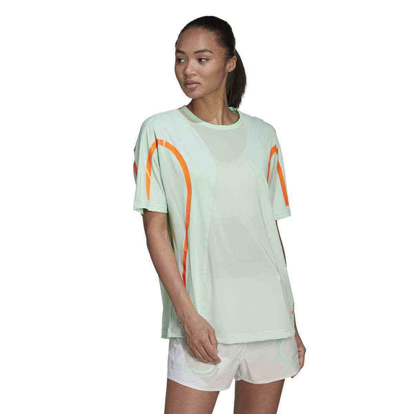 adidas thin sports t-shirt summer dress, women's short sleeve running top in light green with orange accents.