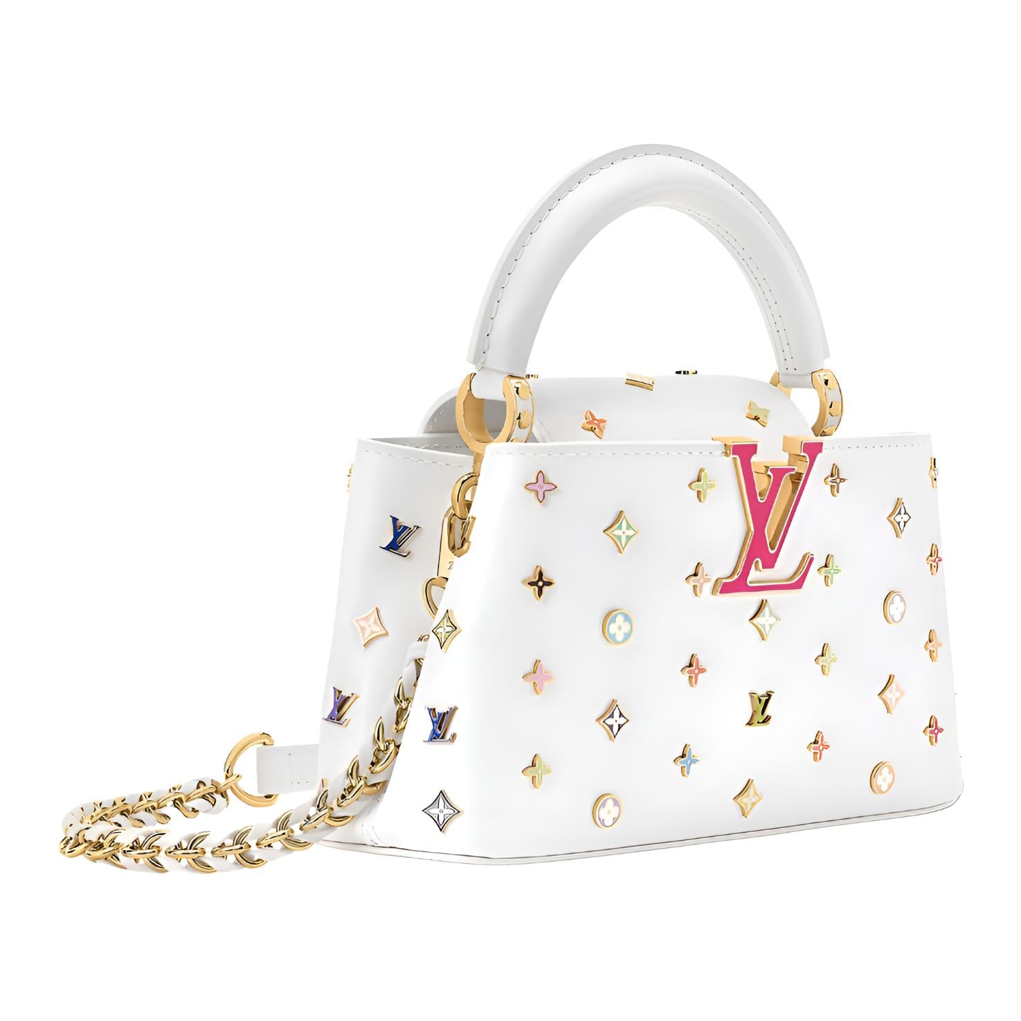 LOUIS VUITTON x Takashi Murakami Takashi Murakami Collaboration Capucines EW White Sancai Multicolor Monogram Full Metal Initials Logo Cowhide Single Shoulder Crossbody Handbag Mini Women's White