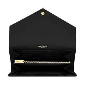 محفظة Saint Laurent جلد أسود بشعار ذهبي.