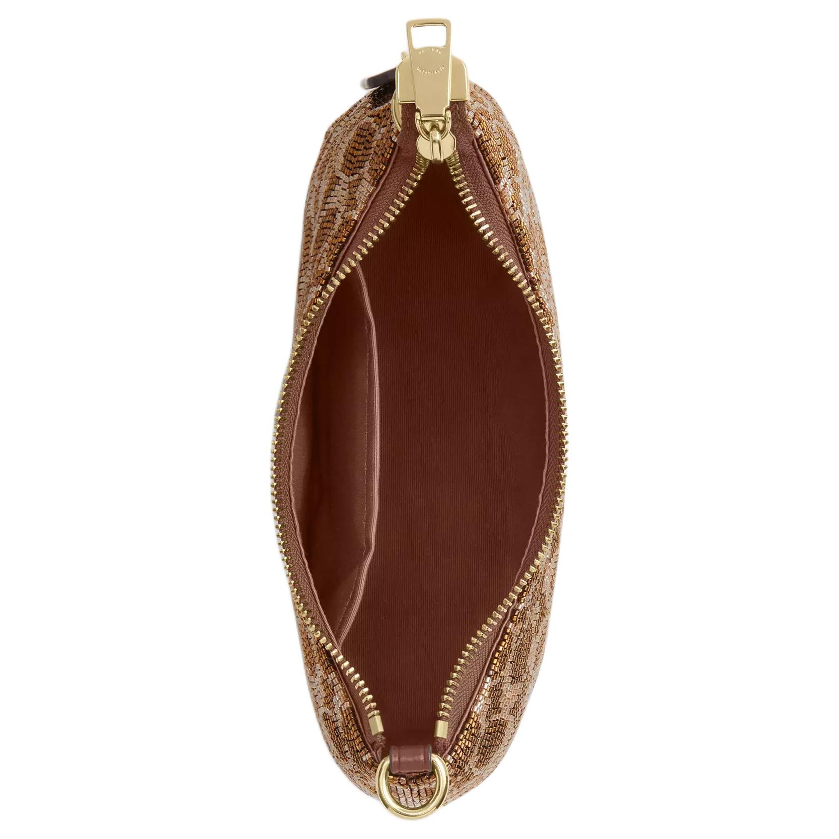 COACH Teri 25 Zipper Closure Beaded Satin Leather Single Shoulder Bag Medium Size Women's Brown