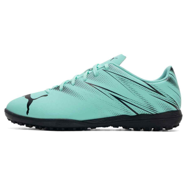 Puma turquoise and black football shoe for artificial grass surfaces.
