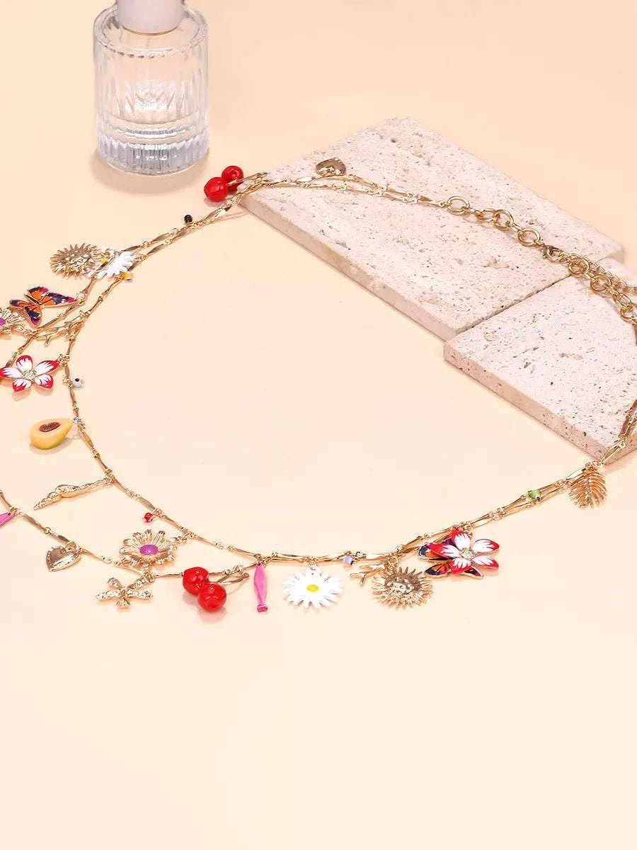 عقد ذهبي طبقتين بدلايات ملونة متنوعة Charm Necklace.