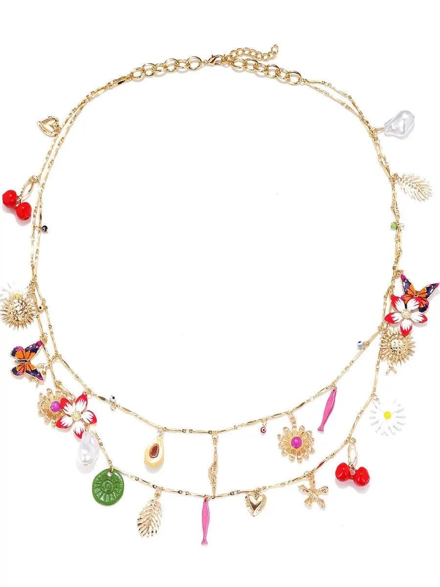 عقد ذهبي طبقتين بدلايات ملونة متنوعة Charm Necklace.