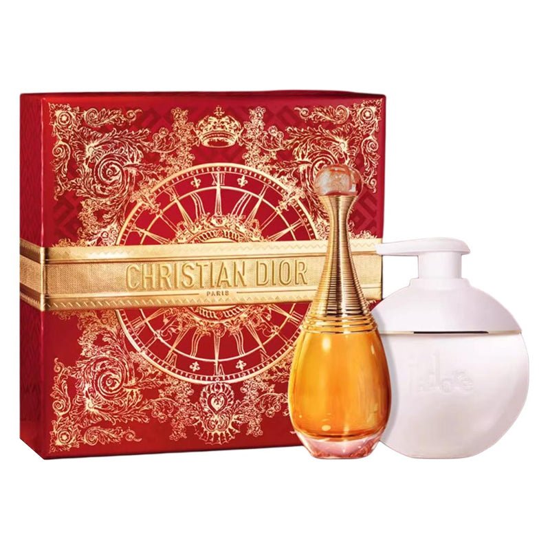 علبة هدايا حمراء وذهبية تحتوي على عطر ولوشن بشعار ديور