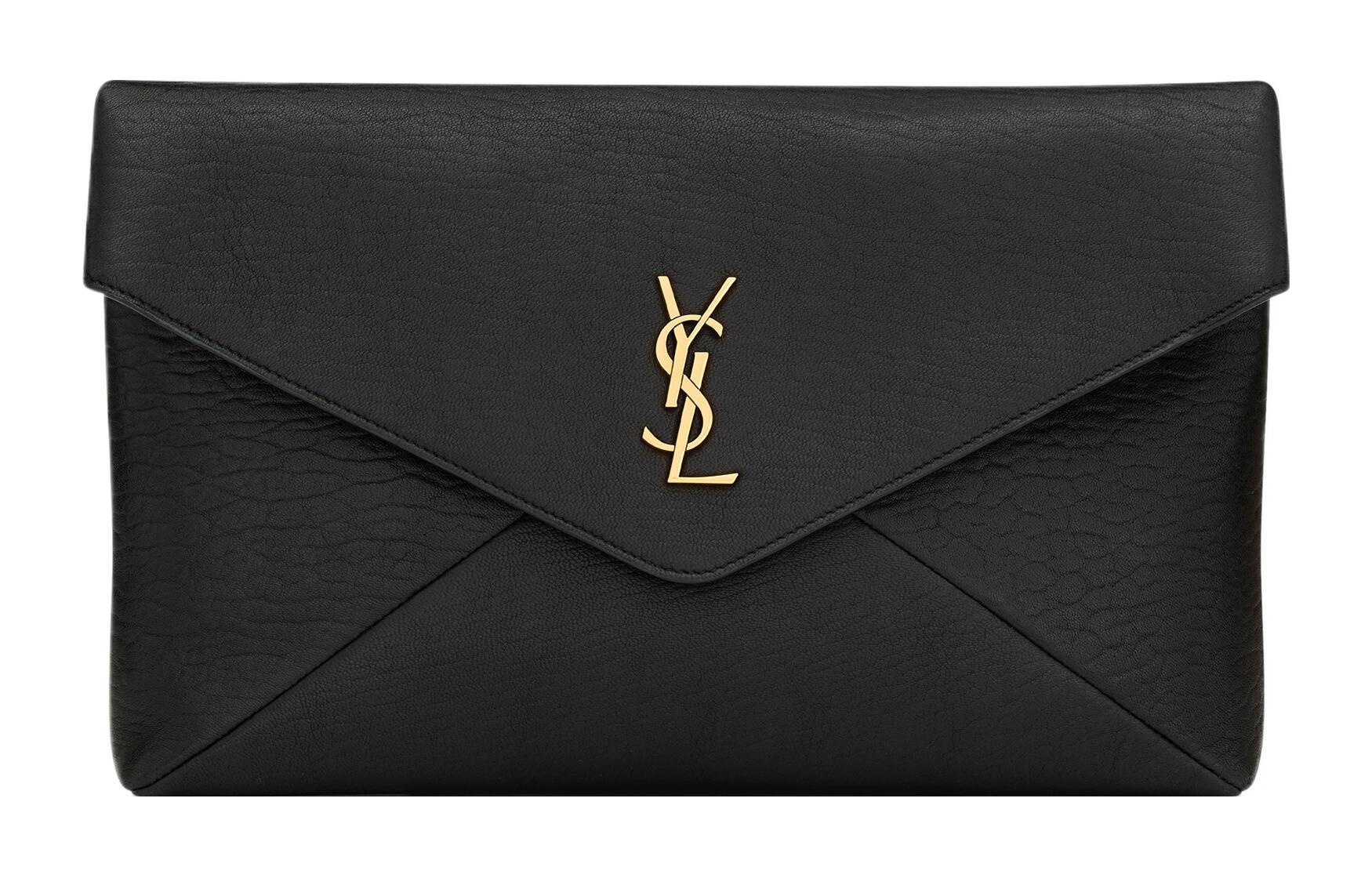 SINS LAURENT YSL LE CASSANDRE metal letter logo magnetic snap-close sheepskin envelope clutch large size women's black style