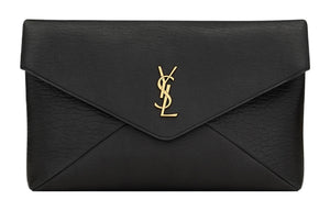 SINS LAURENT YSL LE CASSANDRE metal letter logo magnetic snap-close sheepskin envelope clutch large size women's black style