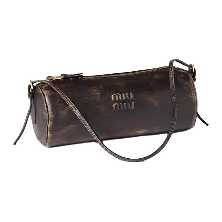 حقيبة كتف Miu Miu أسطوانية من الجلد البني العتيق