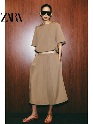 أصلي 100% تنورة نسائية ميدي ZARA بلون بيج - رفعة