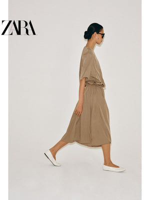 أصلي 100% تنورة نسائية ميدي ZARA بلون بيج - رفعة