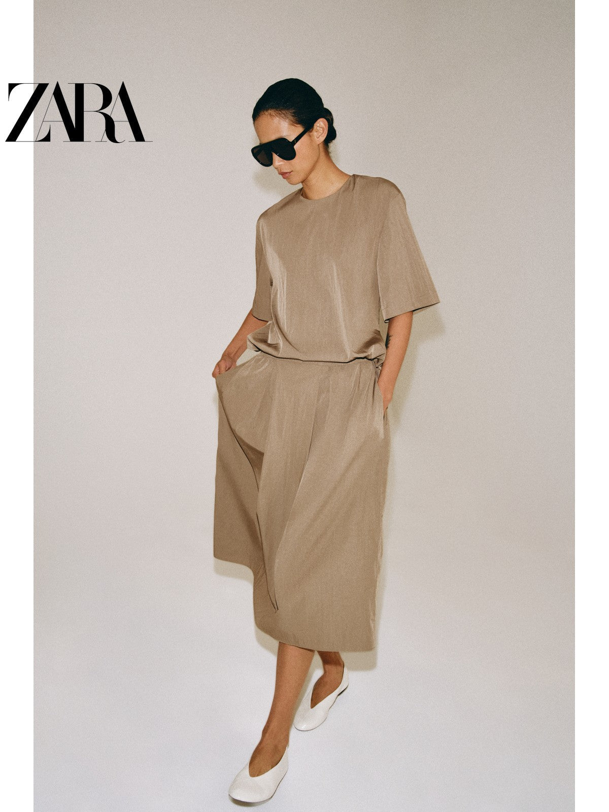 أصلي 100% تنورة نسائية ميدي ZARA بلون بيج - رفعة