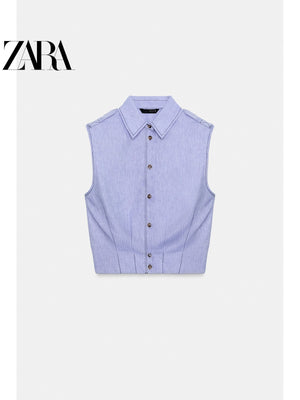 أصلي 100% توب Zara نسائي بدون أكمام أزرق فاتح - رفعة