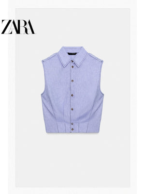 أصلي 100% توب Zara نسائي بدون أكمام أزرق فاتح - رفعة