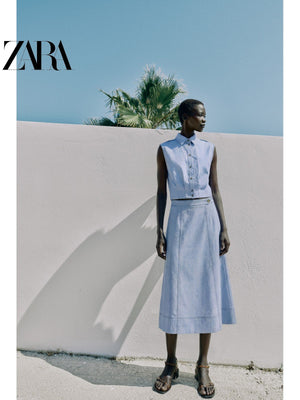 أصلي 100% توب Zara نسائي بدون أكمام أزرق فاتح - رفعة