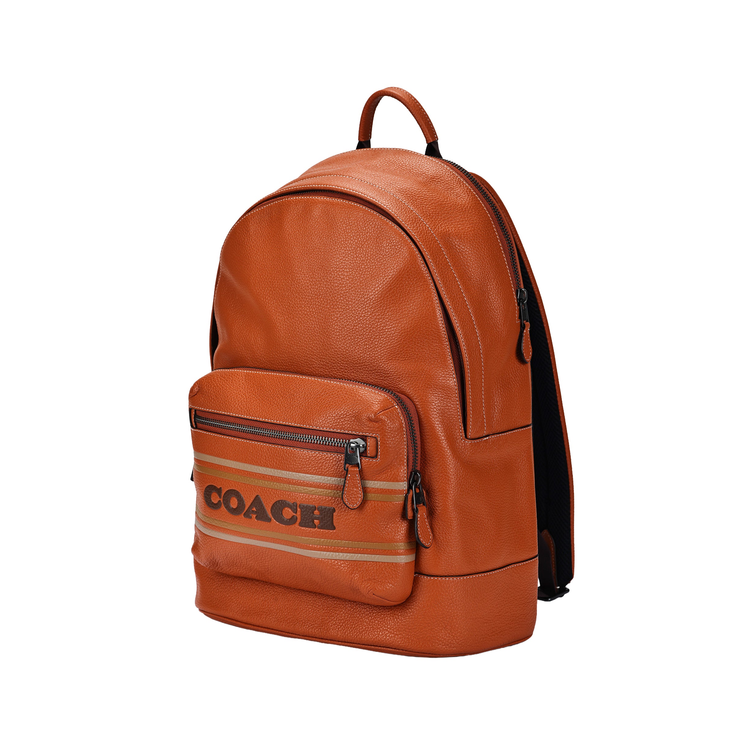 Side angle view of an original Coach brown genuine leather backpack showing front zipped pocket and structured design for school essentials.

عرض من الزاوية الجانبية لحقيبة ظهر كوتش أصلية من الجلد الطبيعي بني يوضح الجيب الأمامي ذو السحاب والتصميم المتين لمستلزمات المدرسة.