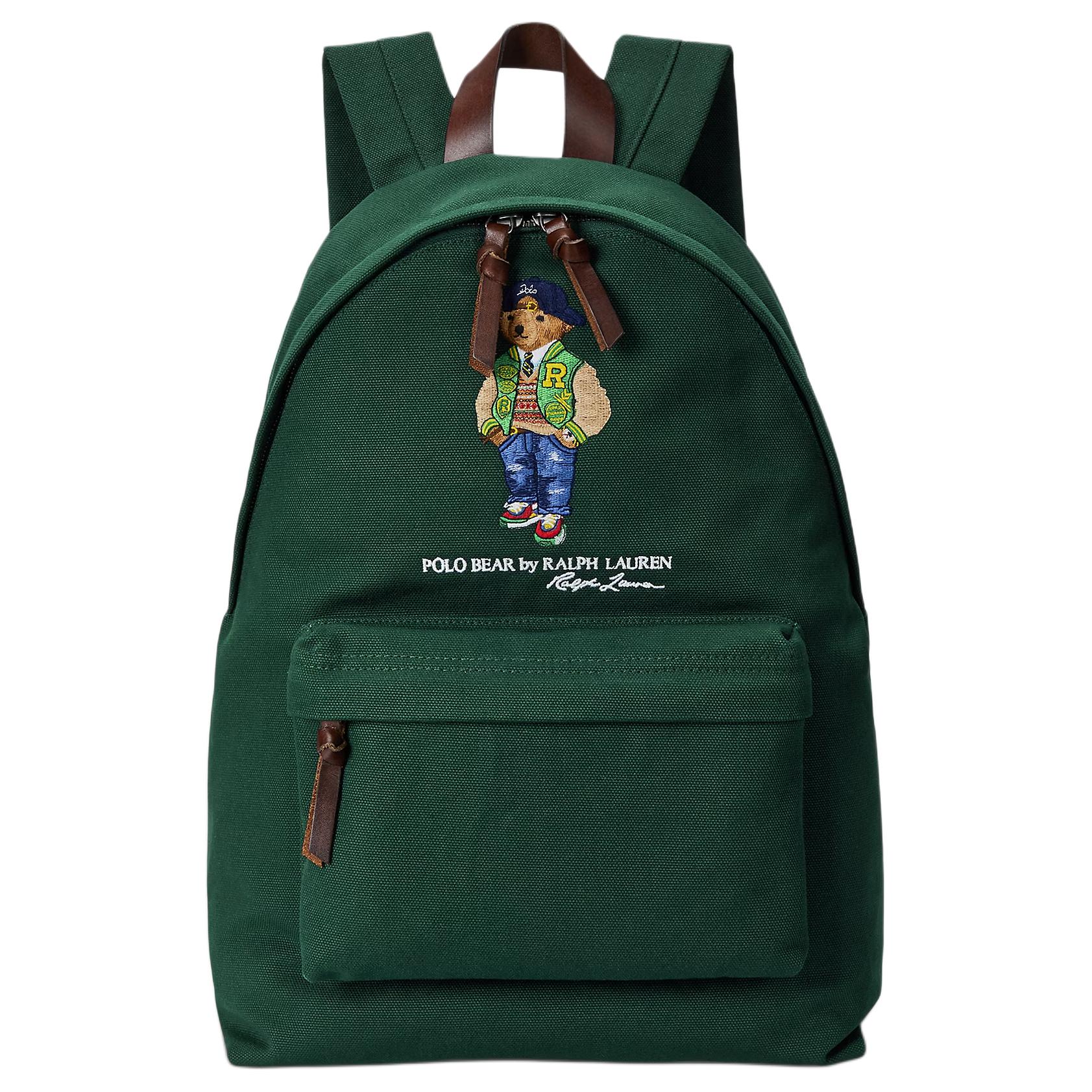 An authentic Ralph Lauren Polo Bear green backpack featuring a brown leather top handle, leather zipper straps, and embroidered iconic bear, ideal for back-to-school and daily use.

حقيبة ظهر Ralph Lauren Polo Bear باللون الأخضر أصلية مع مقبض علوي وأشرطة سحاب من الجلد البني ودب مطرز شهير، مثالية للعودة للمدرسة والاستخدام اليومي.