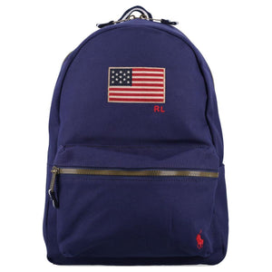 An authentic Polo Ralph Lauren navy blue backpack featuring an embroidered US flag, red pony logo, and brass zipper, ideal for back-to-school and daily use.

حقيبة ظهر Polo Ralph Lauren باللون الكحلي أصلية تتميز بتطريز العلم الأمريكي وشعار المهر الأحمر والسحاب النحاسي، مثالية للعودة للمدرسة والاستخدام اليومي.