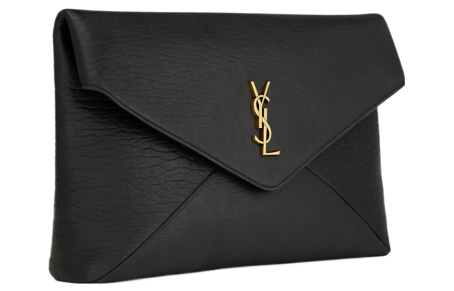SINS LAURENT YSL LE CASSANDRE metal letter logo magnetic snap-close sheepskin envelope clutch large size women's black style