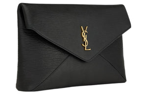SINS LAURENT YSL LE CASSANDRE metal letter logo magnetic snap-close sheepskin envelope clutch large size women's black style