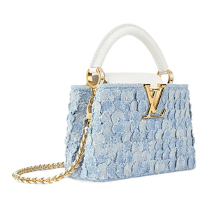 LOUIS VUITTON Capucines Denim gold floral pattern charm two-tone chain design, denim with Taurillon leather trim, single shoulder crossbody handbag, mini, women's, blue
