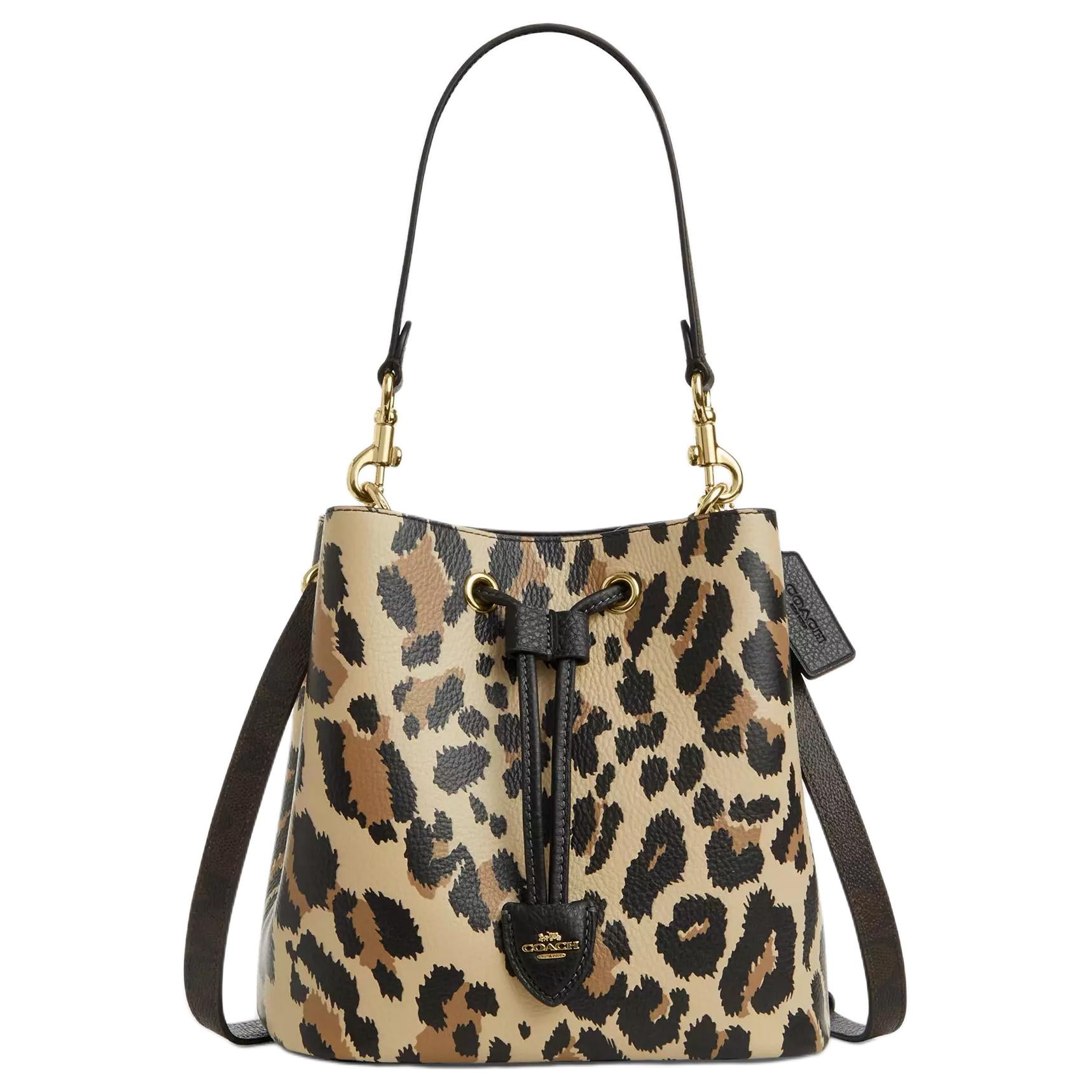 COACH Rowan 21 Detachable Shoulder Strap, Exquisite Lychee Pattern Leather Coated Canvas Bucket Bag Crossbody Single Shoulder Handbag Small Women's Leopard Print Multicolor