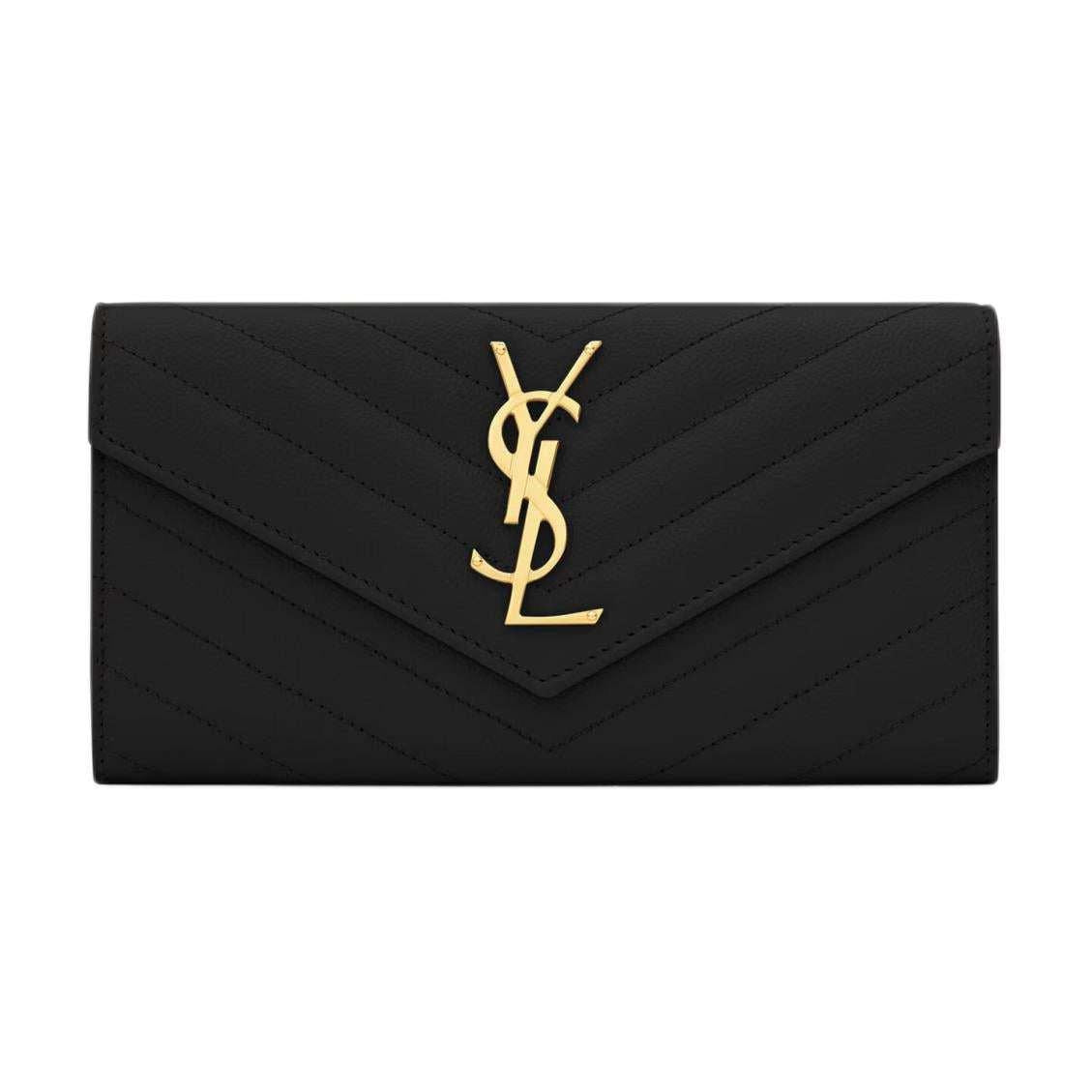 محفظة Saint Laurent جلد أسود بشعار ذهبي.