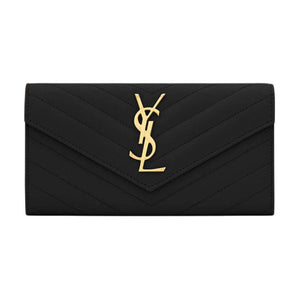 محفظة Saint Laurent جلد أسود بشعار ذهبي.