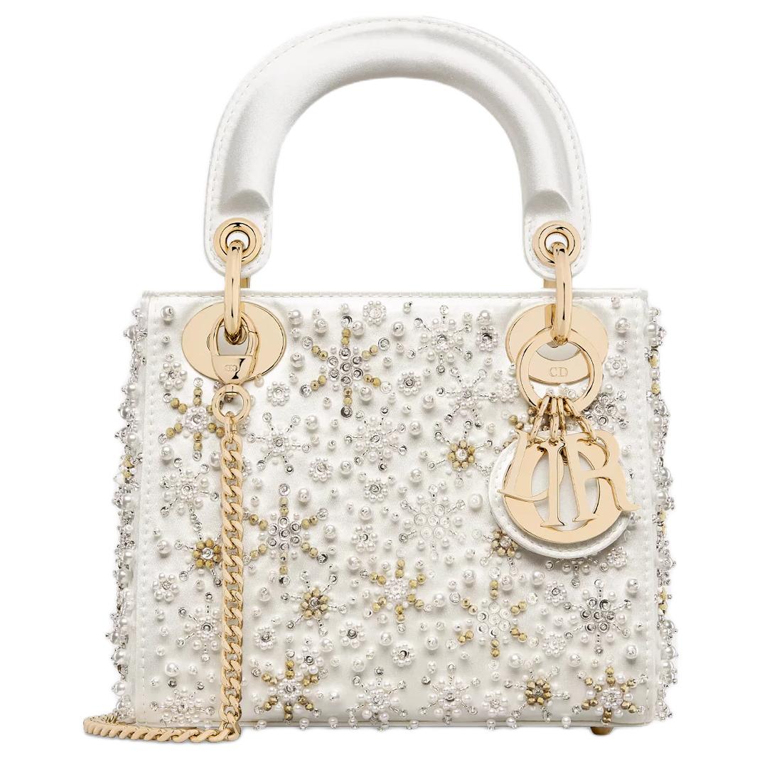 حقيبة Lady Dior ميني بيضاء مرصعة بالخرز الكريستالي