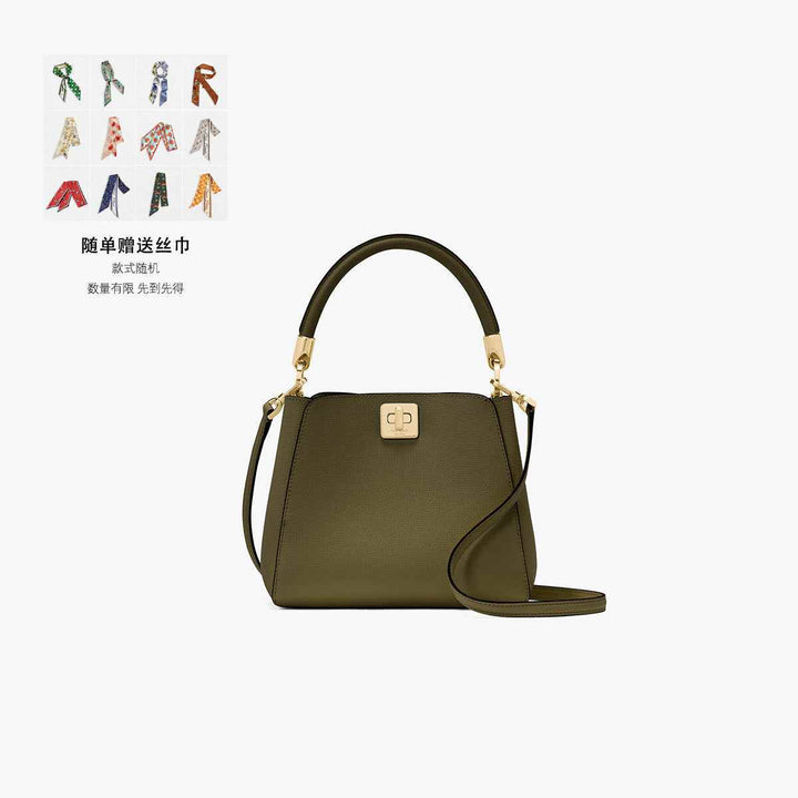 Kate Spade olive green leather handbag with gold hardware and adjustable strap, includes a free silk scarf.