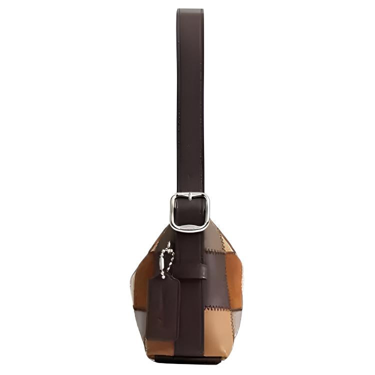 COACH 24 Brand Logo Checkerboard Color Block Design Leather Single Shoulder Bag Medium Women's Tea Color